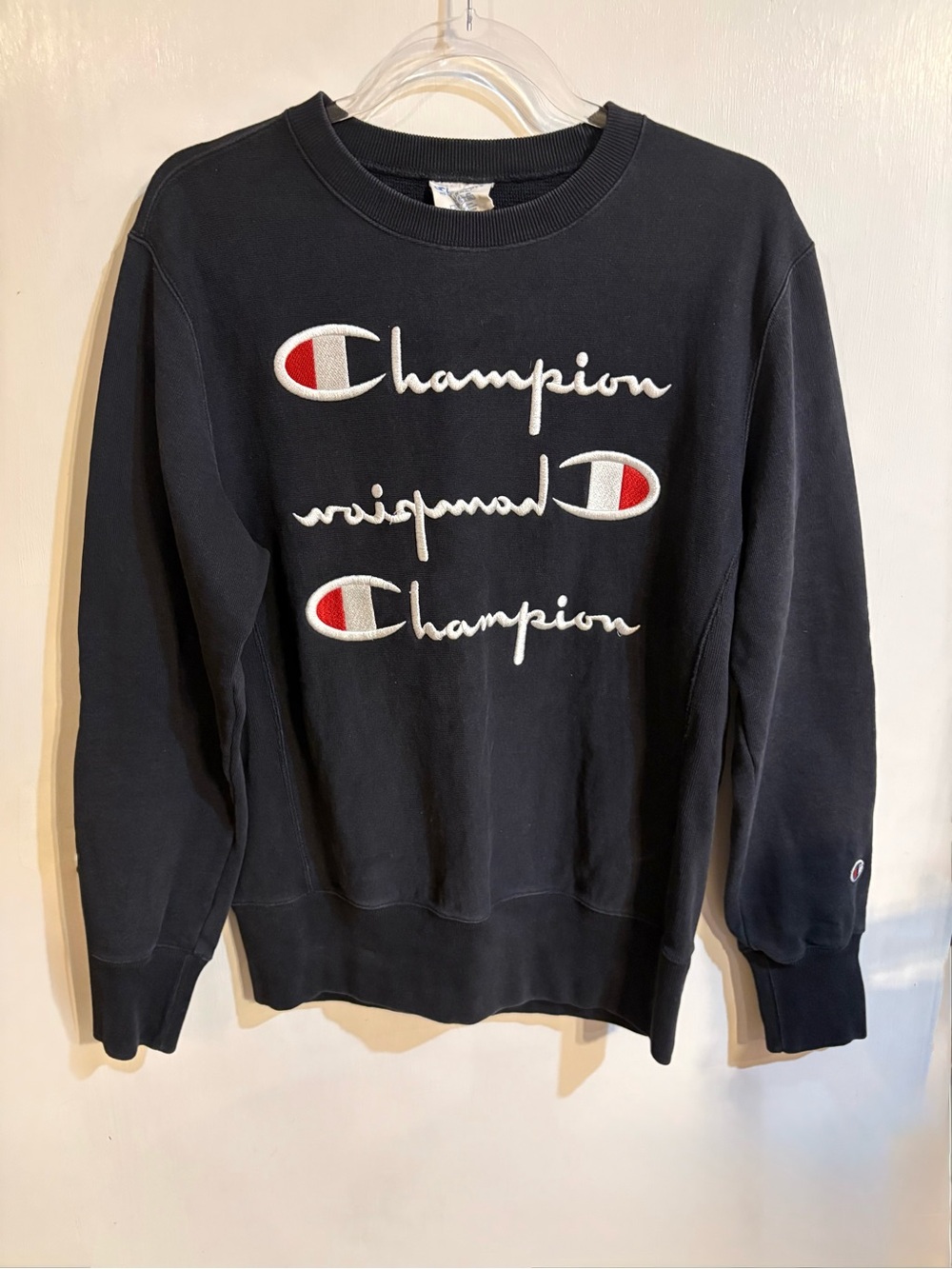 Champion Reverse Weave Black Logo Crewneck Sweatshirt